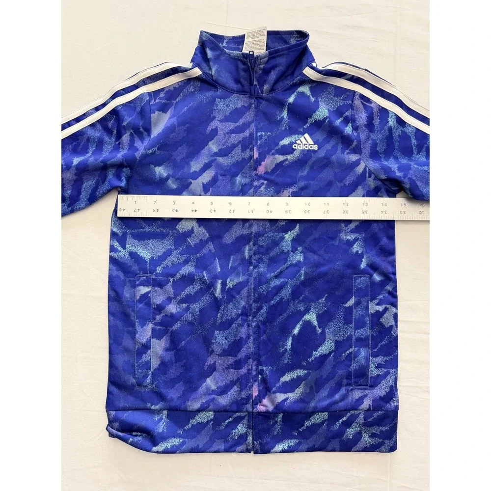 Adidas Track Jacket Kids 7 Blue Camo Print Full Zip 3-Stripes‎ Athletic